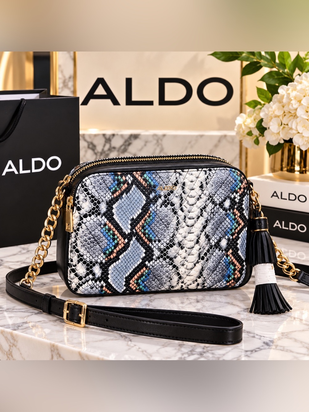🐍 NWOT ALDO Multicolor Python Snake-Print Crossbody Bag with Gold Chain & Tassel